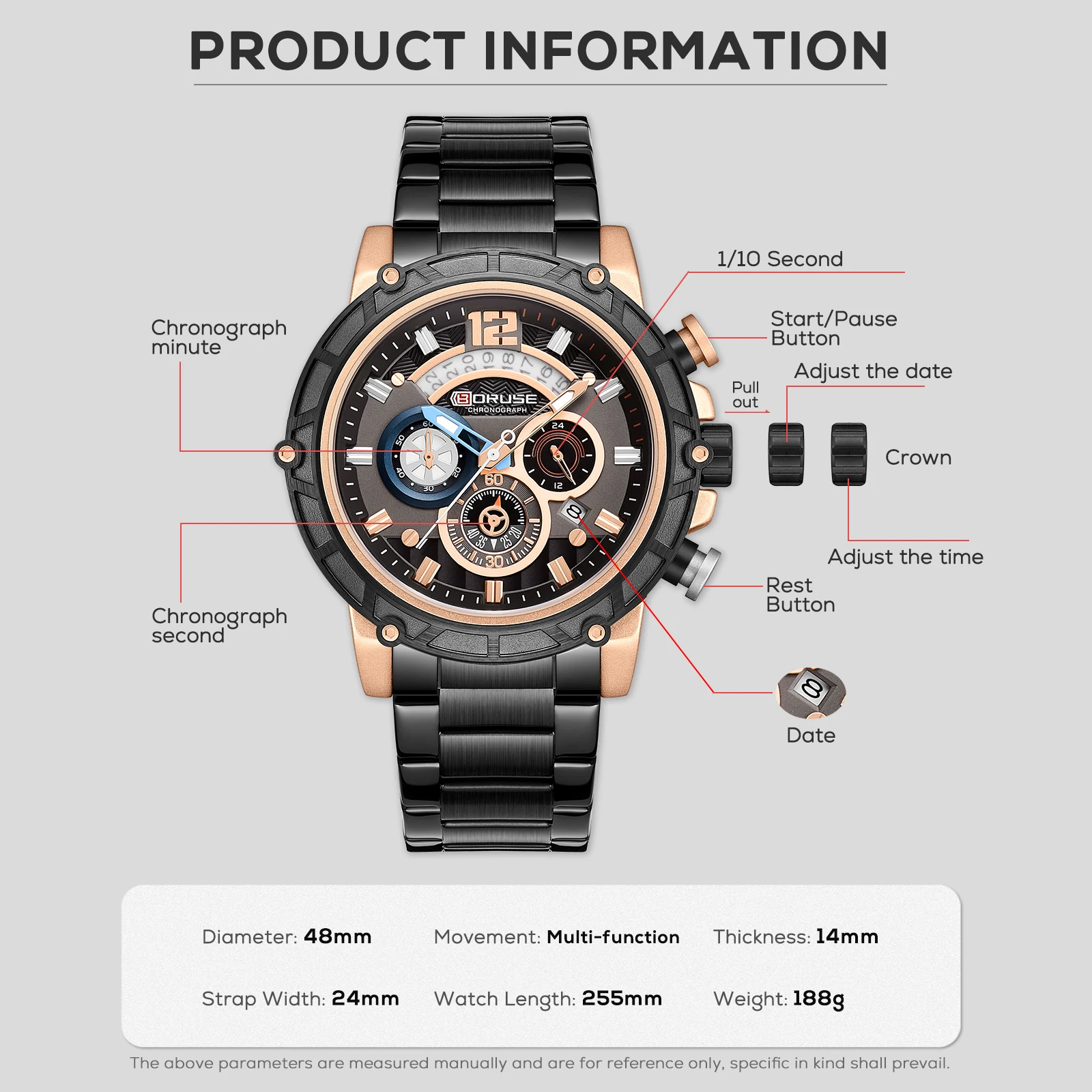 BORUSE Watches for Men's Waterproof Stainless Steel Quartz Analog Fashion Business Wristwatches Top Brand Luminous Clock