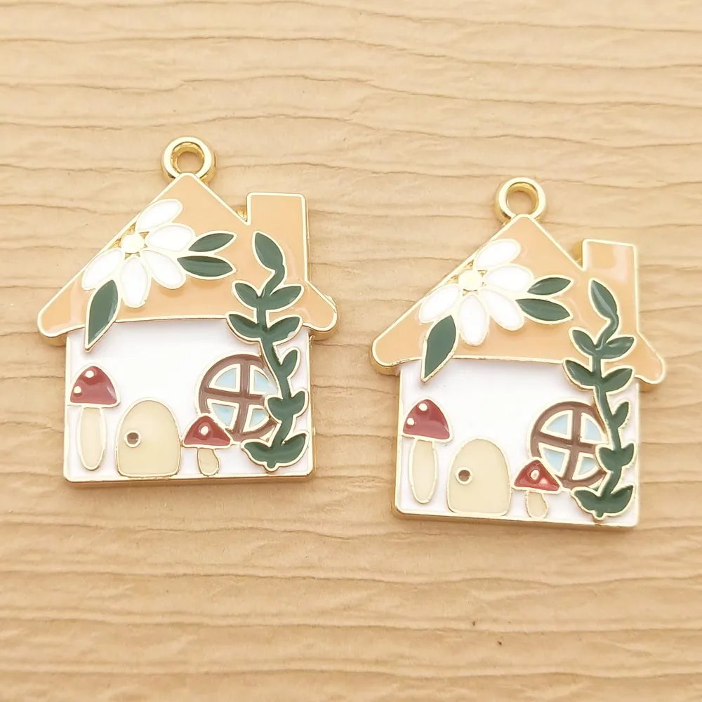 10pcs House Charm for Jewelry Making Enamel Earring Pendant Necklace Bracelet Accessories Diy Craft Supplies Gold Plated