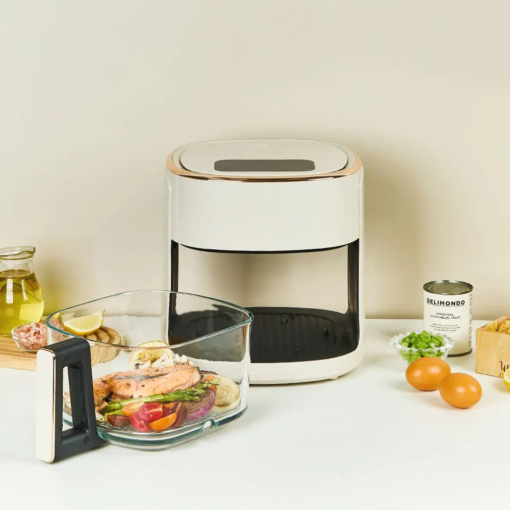 مقلاة هوائية زجاجية 4.5 لتر مقلاة زجاجية لمسة نهائية للطهي حتى 200 درجة شبكة استنائية 5 رجل متحرك