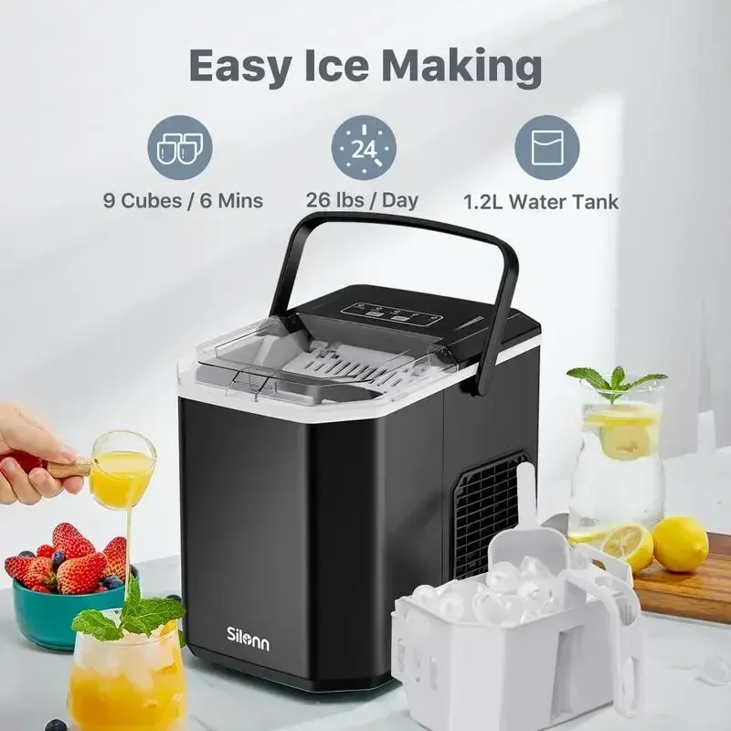 Silonn Ice Maker Countertop, Portable Ice Machine, Self-Cleaning, 9 Cubes in 6 Mins, for Home, Kitchen