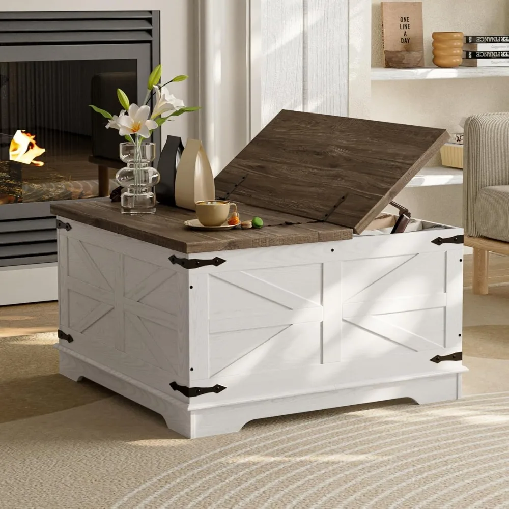 طاولة قهوة متينة للتخزين، طاولة مركزية خشبية مربعة لغرفة المعيشة مع غطاء قابل للسحب، تصميم عالي التحمل للاستخدام اليومي