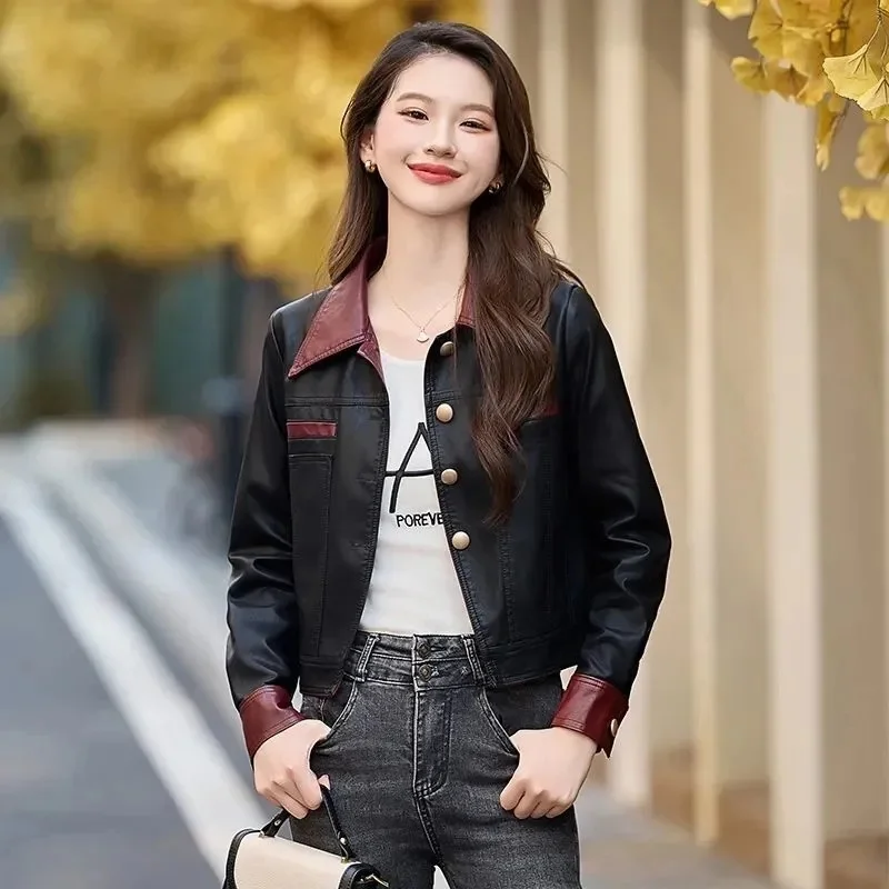 Fashion Short Motorcycle Leather Jacket Women's New 2025 Spring Autumn Street Feng Washable Leather PU Leather Coat Top