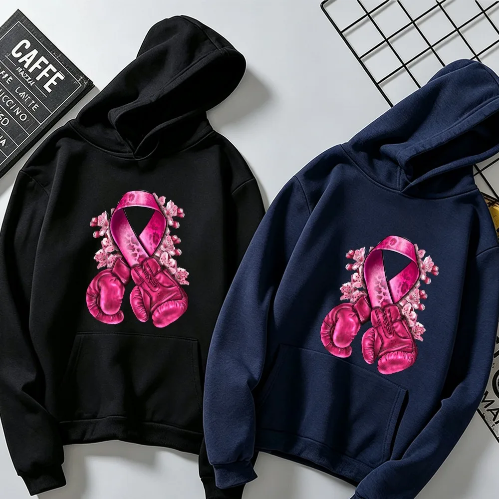 Pink Ribbon Boxing Gloves Breast Cancer Awareness Graphic Hoodie Women Fall Autumn Support Fighter Warrior Long Sleeve Pullover