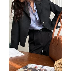 Cropped Zwarte Blazer Vrouwen Koreaanse Lange Mouw Colberts Mode Elegante Pendeljassen Kantoor Dames Single Breasted Bovenkleding