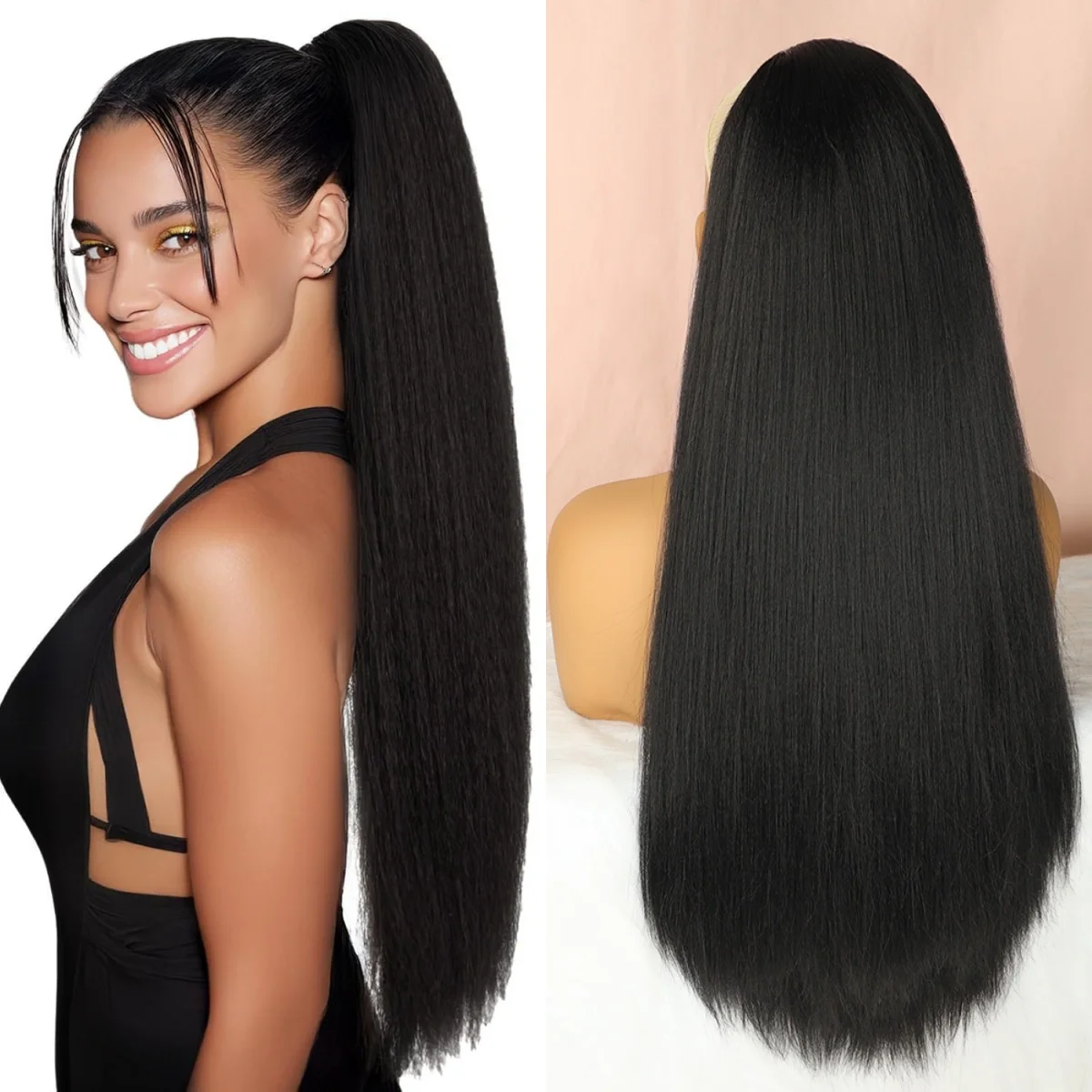 

26-дюймовый синтетический прямой хвост-шиньон Yaki, черный, длинный, кудрявый, на шнурке, аналогичный натуральным волосам Yaki