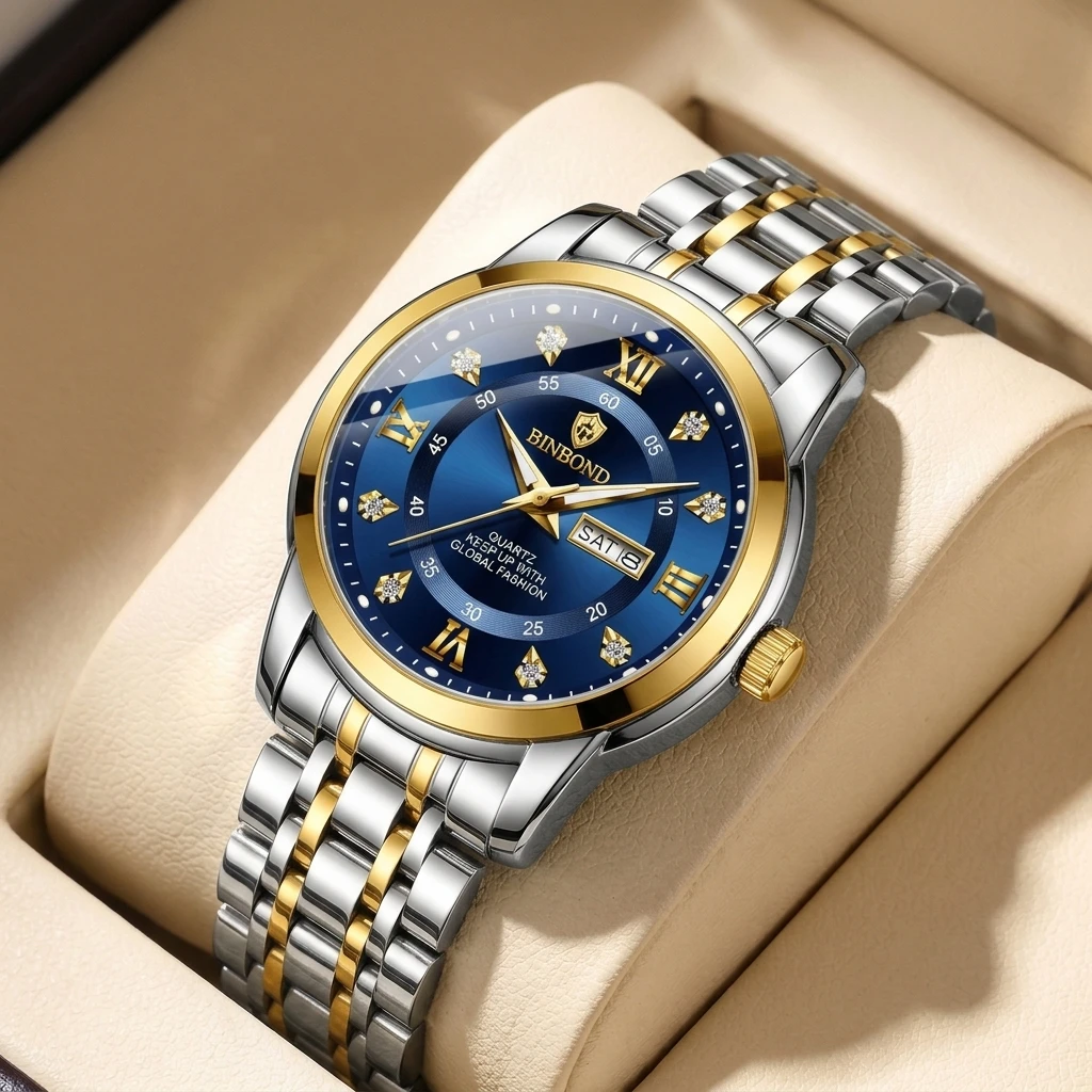 1pc Fashion Watch with Two-Tone Metal Strap, Blue Dial, Roman Numerals, Simple and Elegant, Unisex, Temperament-Enhancing