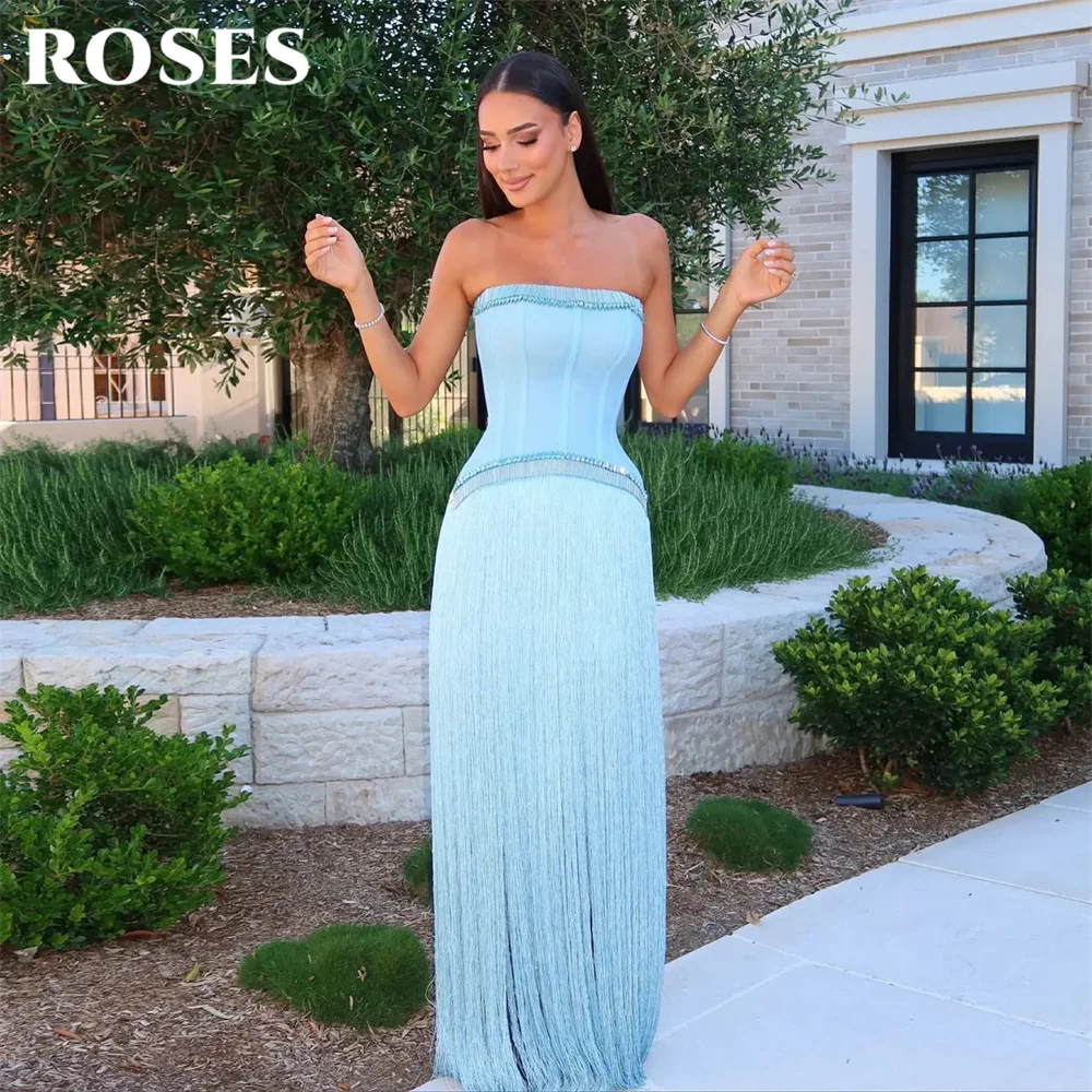 ROSES Blue Satin Party Dress Strapless Sleeveless فساتين السهرة Night Dress with Tassel Celebrity Dress Customized image 2