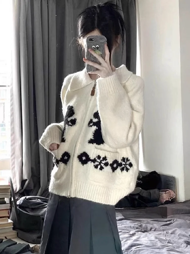 

Мягкий уютный вязаный свитер на молнии с вышивкой кролика, женское осеннее японское пальто, винтажное ленивое цветное блузка, открытый кардиган