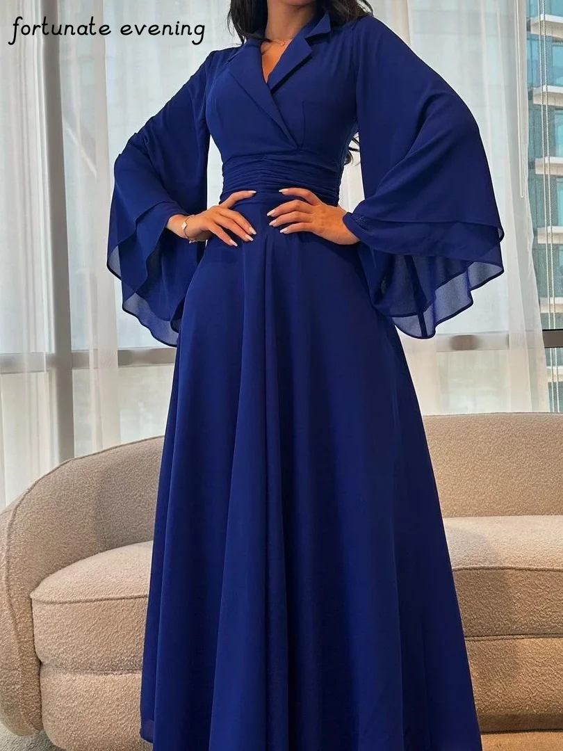 Fortunate Evening Elegant Vintage Dark Blue V-Neck Ruffles A-Line Ankle Length Formal Occasion Prom Dress Evening Party Gowns