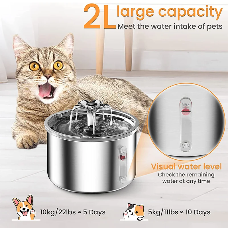 Cat Fountain Stainless Steel Flower Faucet Ultra Quiet Pump Pet Water Fountain Visible Water Level Automatic Sensor Dog Fountain