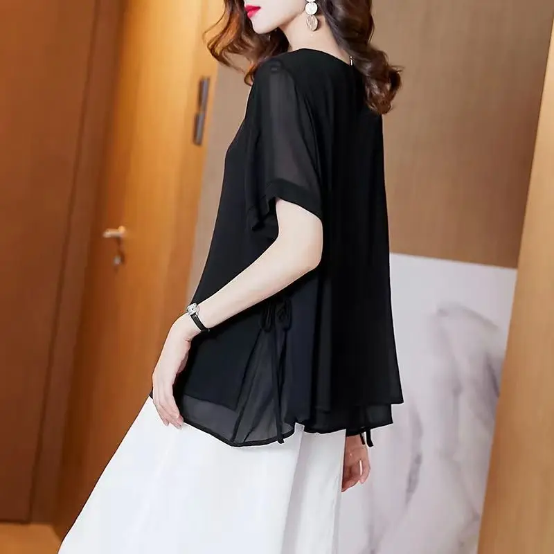 Women Summer Simplicity Loose Fashion Irregular Solid Color O-neck Short Sleeve Chiffon Shirts Ladies Casual Appear Thin Top Tee