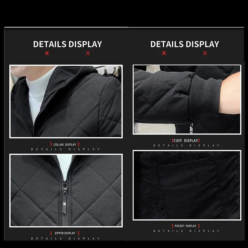 2023 New Winter Jacket Men Warm Long Sleeve Argyle Hooded Cotton s s Oversized Plus Velvet Zipper Parkas