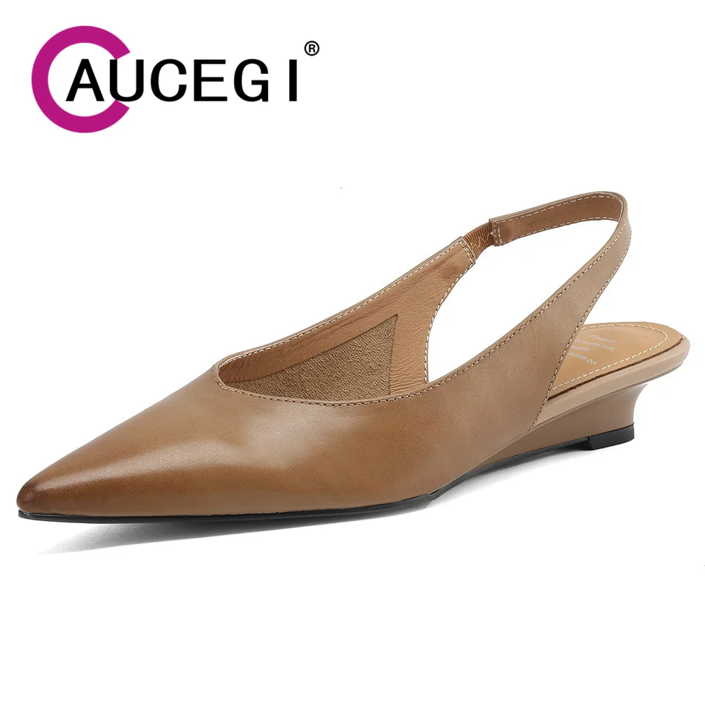 Aucegi Classical Simplicity Genuine Leather Wedges Heels Pointed Toe Slingback Pumps Summer Slip On Women Dress Commuter Shoes