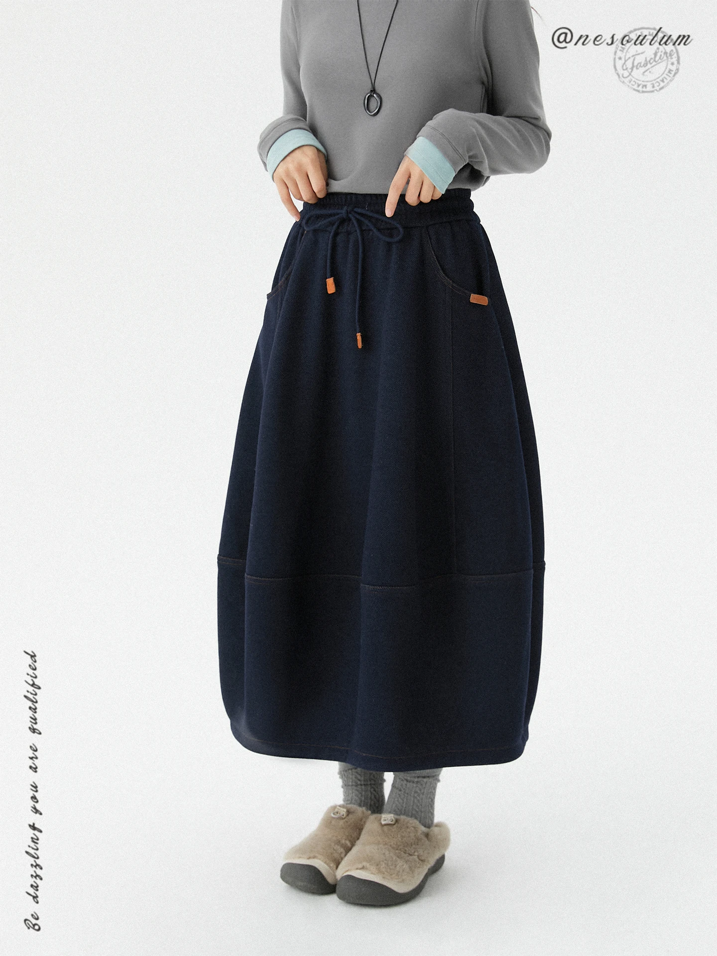 

Nesoulum Deep Blue Bouffant Denim Skirt Women's Winter Vintage High Waist Slimming Midi Skirt Ci Commute Casual Sle