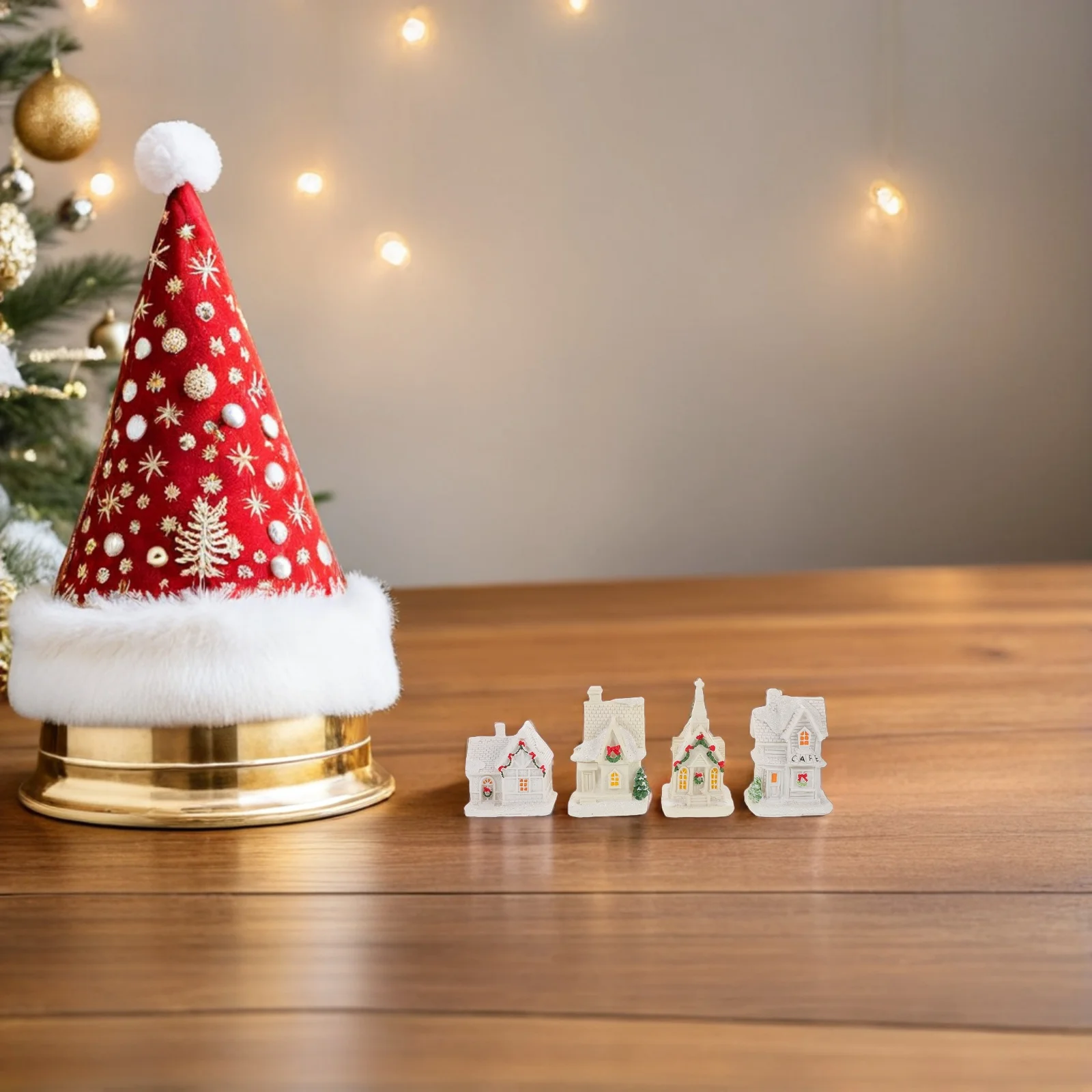 

4Pcs Christmas Village Houses Lighted Resin Miniature Decoration Winter Xmas Micro Landscape Holiday Garden Ornaments