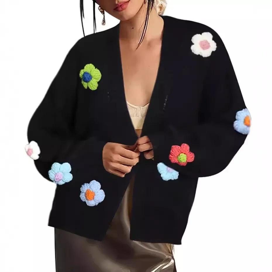 Cardigan de malha de cor sólida com flores tridimensionais, outono e inverno feminino novo casaco de malha com manga lanterna solta