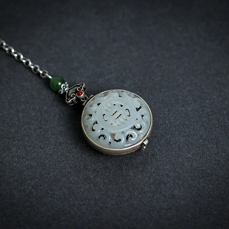 Original Natural Hotan Jade Round Ruyi Button Pendant Openable Vintage Long Chain Tassel 925 Silver Jewelry Hanfu Accessories