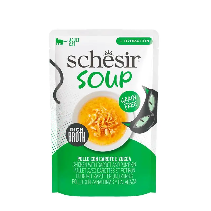 Schesir Soup Pollo Con Calabaza Sopas hidratantes para Gatos - Pack 12 unidades x 40 gr