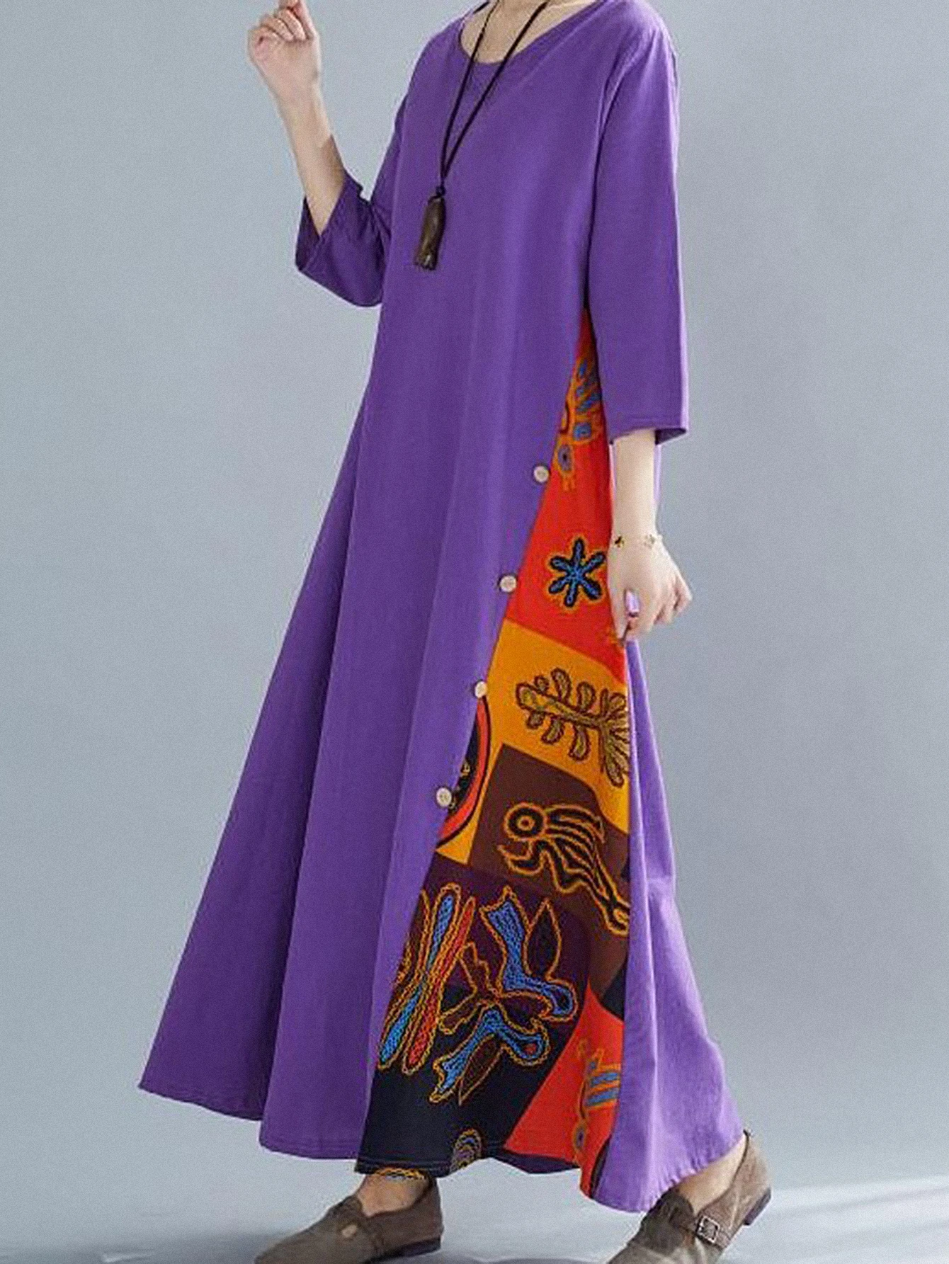 فستان نسائي طويل مرقع للخريف مريح على شكل حرف A كاجوال برقبة دائرية وأكمام ثلاثة أرباع فستان عصري