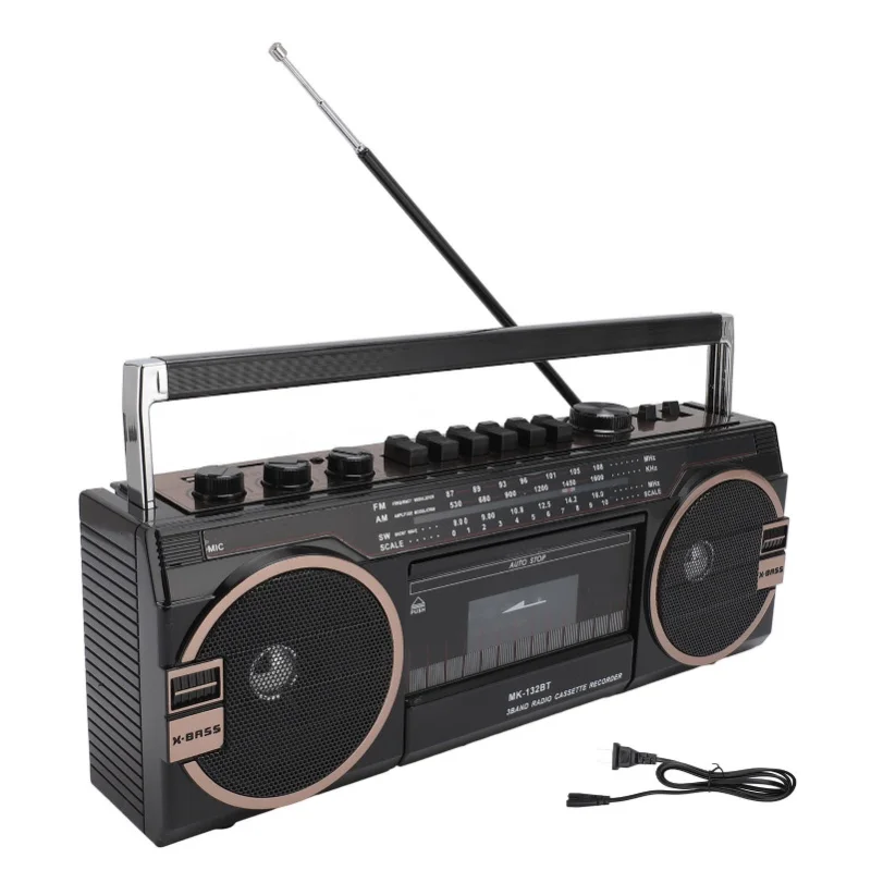 Lettore di cassette AM FM SW Bluetooth Vintage Ottima qualità del suono Porta USB 3,5 mm Aux In Registratore a nastro Nero Spina americana 110 V