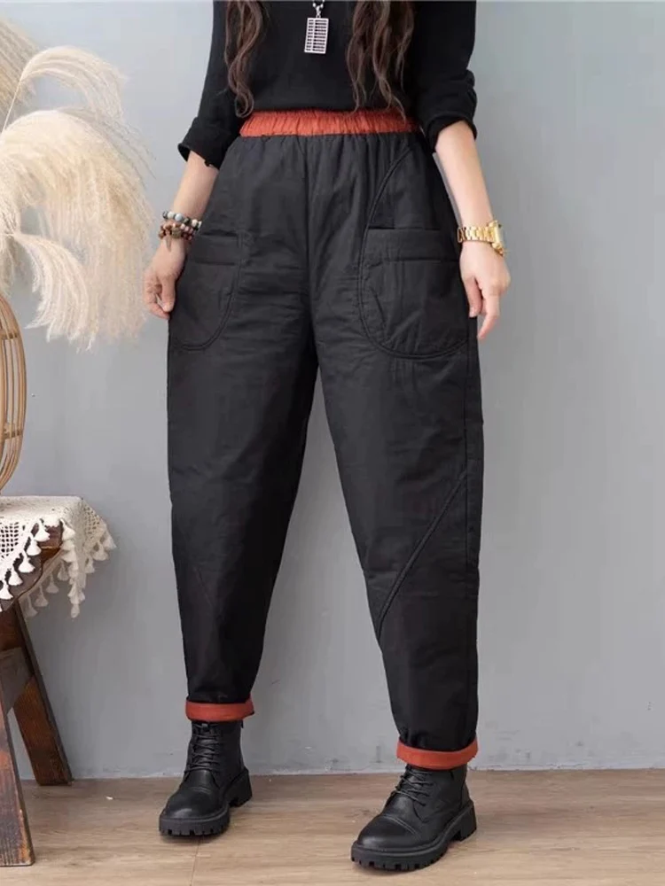 Vintage Patchwork Cotton-Padded Women Harem Pants 2024 New Winter Thick Warm Quilted Office Lady Trousers Windproof Outerwear