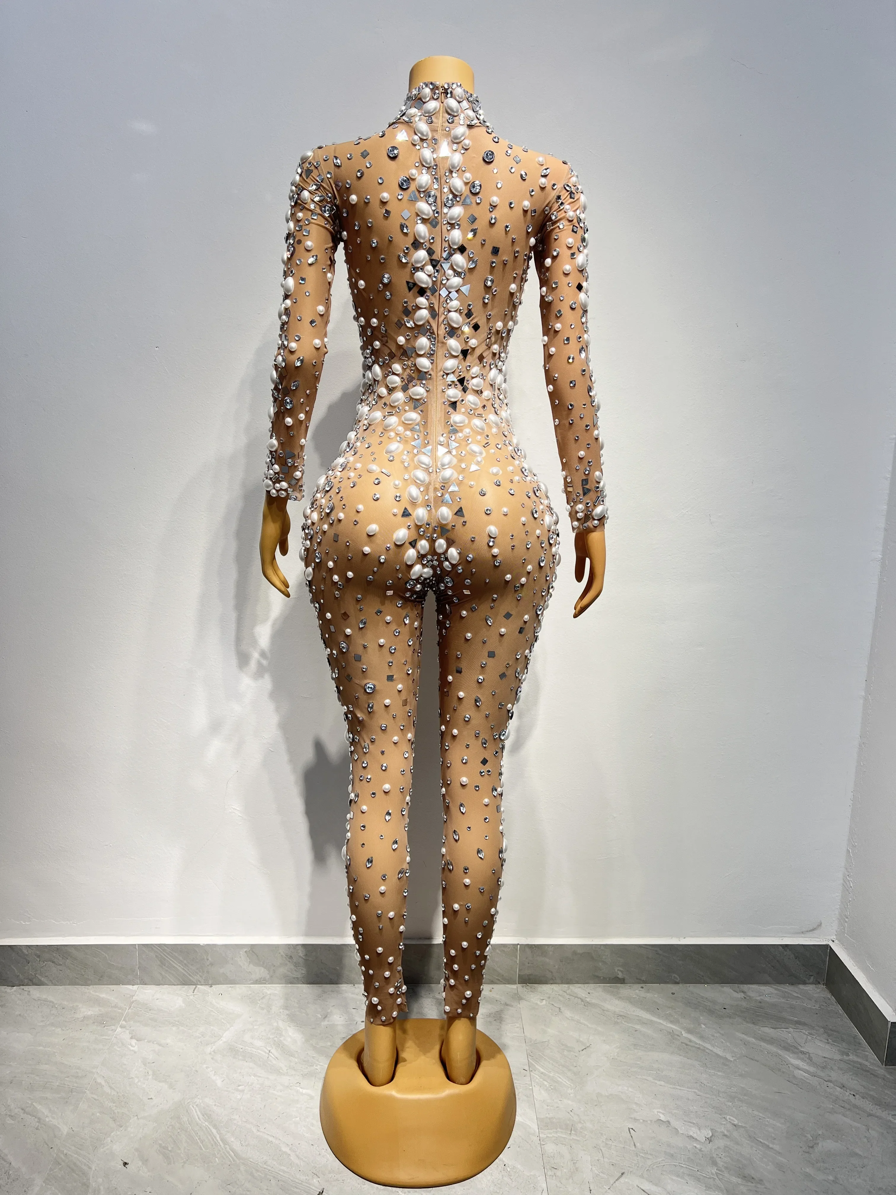 Big Pearls Outfit Crystals Transparent Jumpsuit Evening Birthday Celebrate Bodysuit Outfit Dancer Clothes