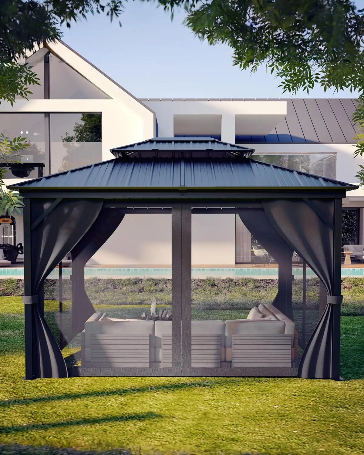 GAOMON 10'x14' All-Weather Hardtop Gazebo, Double Metal Roof, Aluminum Frame, Net, Curtain, Backyard Building, Gray