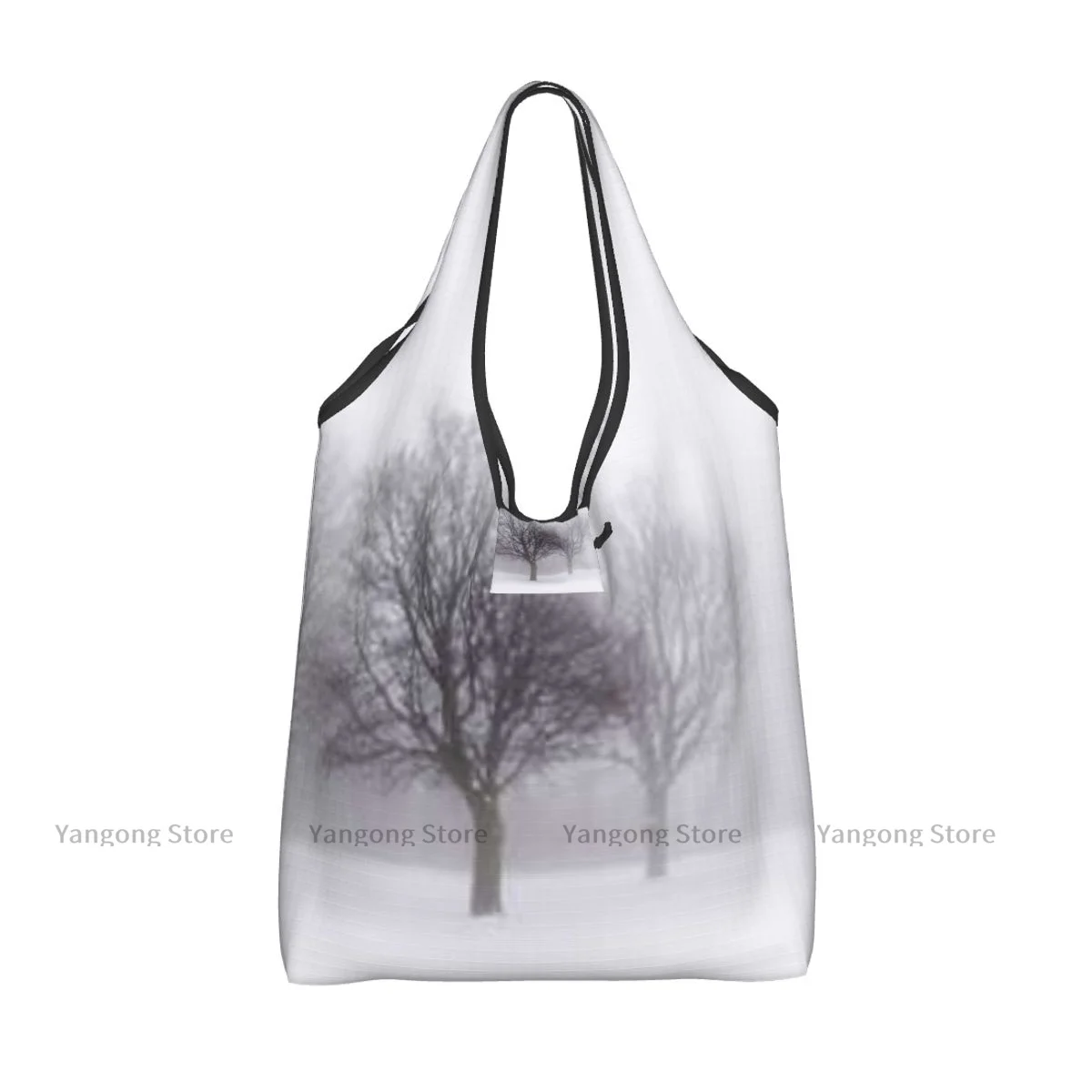 Foldable Shopping Bag Foggy Misty Cold Scenery Leafless Tree Branch In Weather Tote Folding Pouch Convenient Travel Grocery Bag