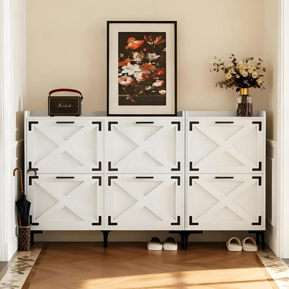 خزانة تخزين الأحذية مقاس 70 بوصة مع 6 أدراج قابلة للطي، منظم أحذية المزرعة 2 في 1 مع تصميم باب الحظيرة وأرجل معدنية، قائم بذاته #1