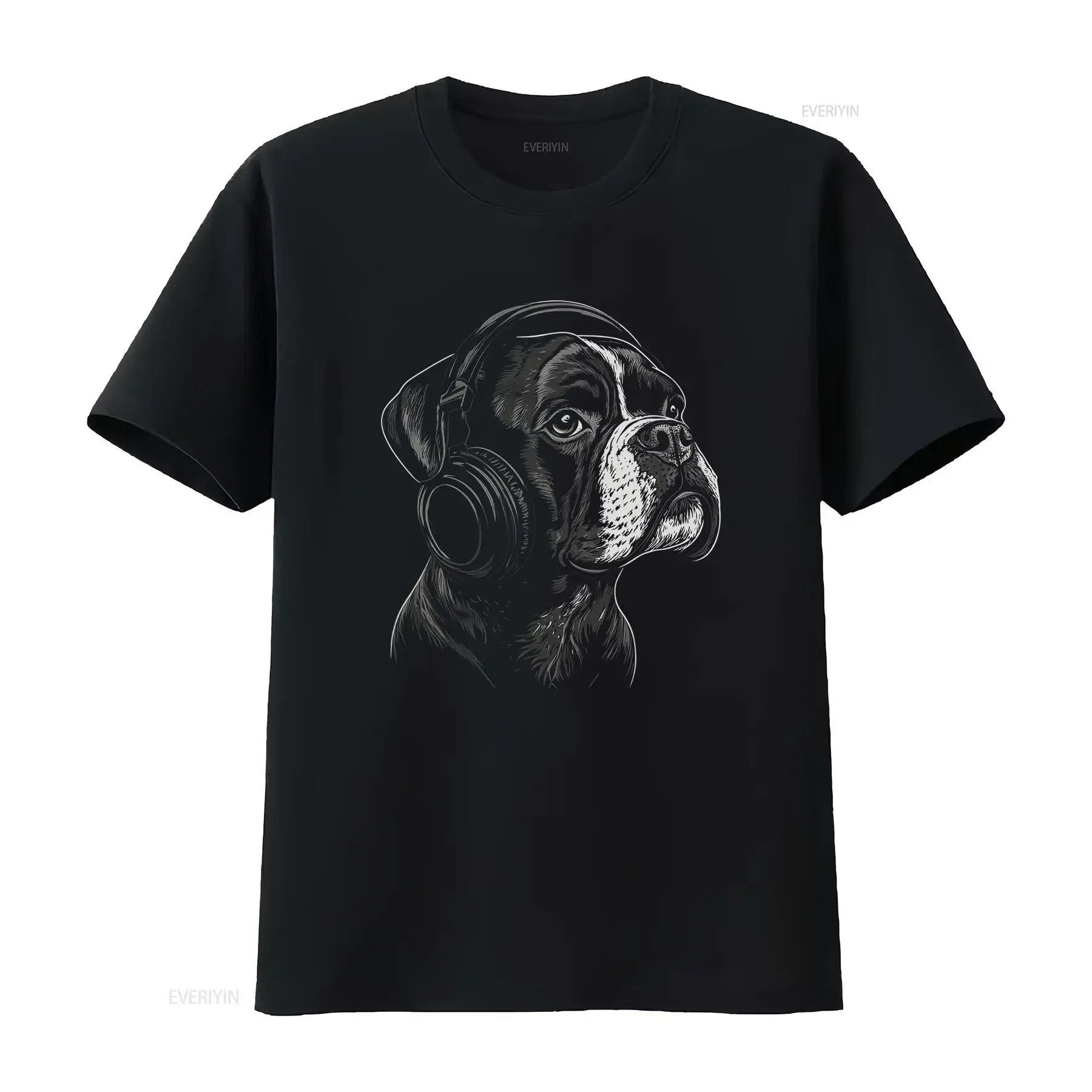 Boxer Dog Motif Pet Illustration Music Headphone T Shirt vintage Washed designer clothes Soft Versatile Slightly streetwear