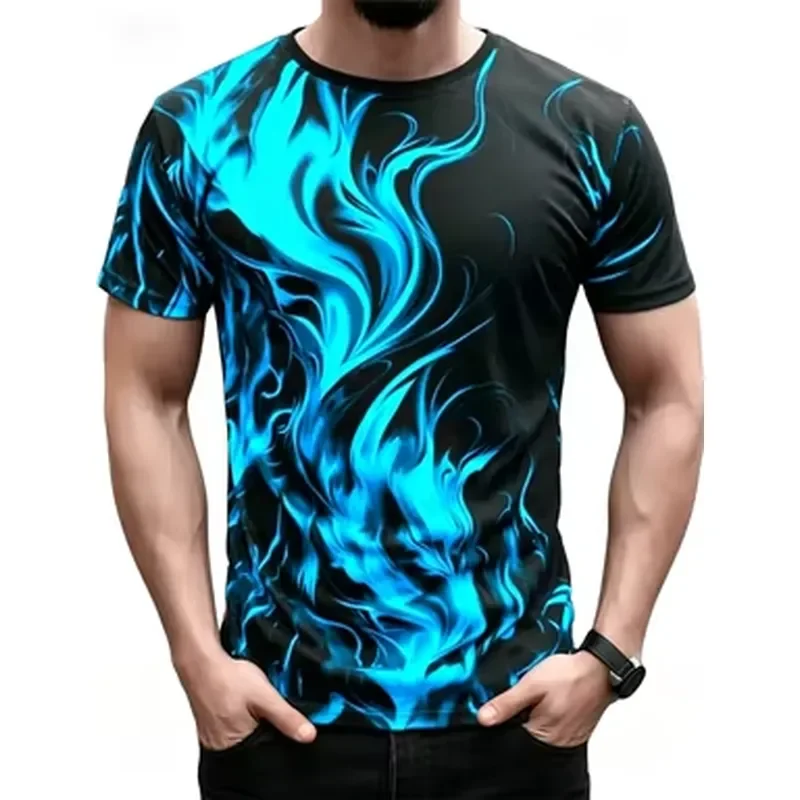 2026 Trendy Men's Short Sleeve 3D Printed Flame Pattern Streetwear T-Shirt with Round Neck for Casual Everyday Wear