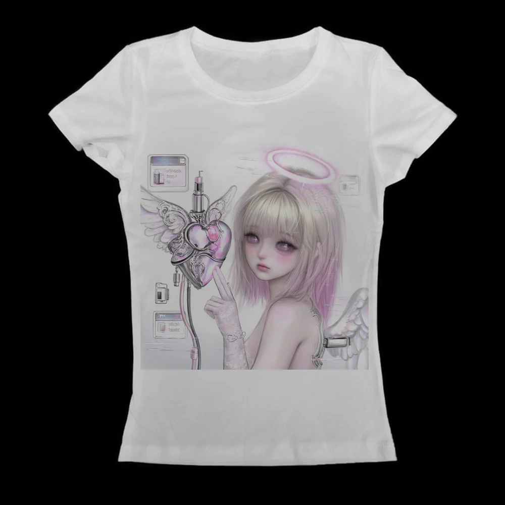 Cyber Halo Angel Mechanical Heart Gothic Print Women Long Sleeve Top Crew Neck Slim Menhera Fairy Grunge Y2K Alt Fitted Tee