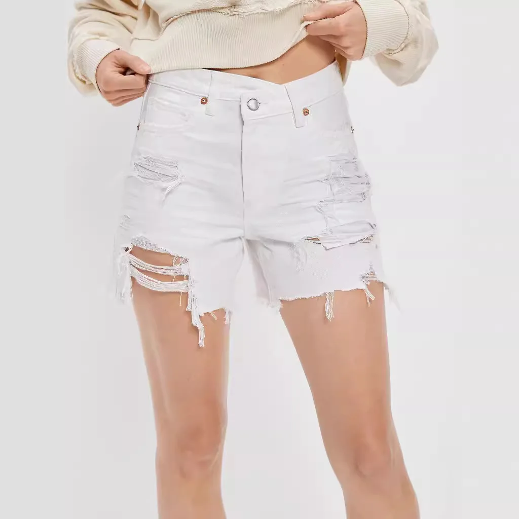 Ripped Shorts Women Trendy Solid Color Ripped Jeans Washed Button Pockets High Waist Retro Shorts Street Straight Jeans 2025