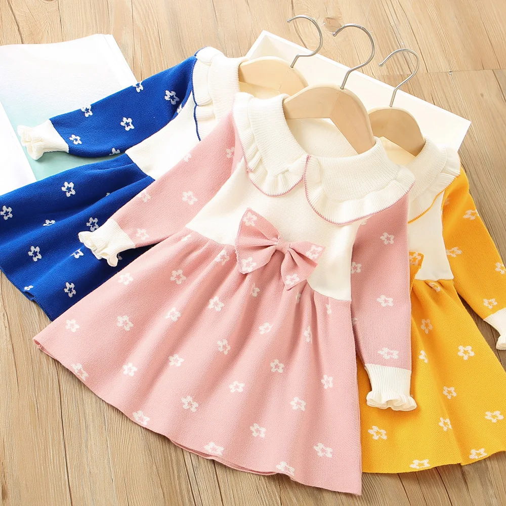 

Платье для девочек 2-6 лет, осень/зима 2022, повседневная модная милая девушка с цветочным принтом, вязаная юбка с длинными рукавами и кукольным воротником