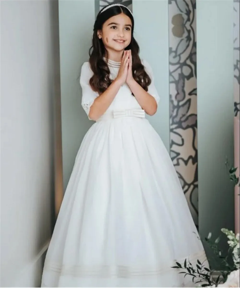 

Elegant Flower Girl Wedding Dress Lace Bow Belt Half Sleeve Tiered Princess Birthday Party Banquet Dress First Communion Gown
