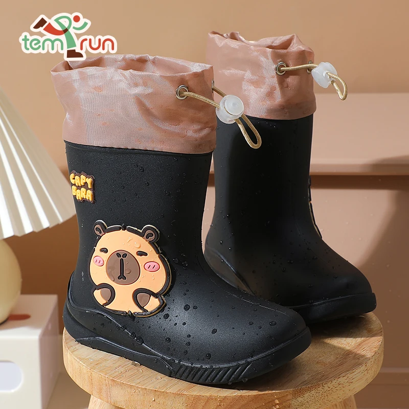 Children's Rain Boots Cartoon Capybara Pattern Rubber Rain Shoes For Girls Boys Anti-Slip Elastic Band For Students