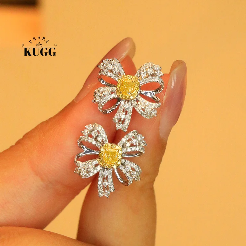 

KUGG серьги из 100% белого золота 18 карат, настоящие серьги-гвоздики с натуральными желтыми бриллиантами для женщин, романтические свадебные украшения в форме банта