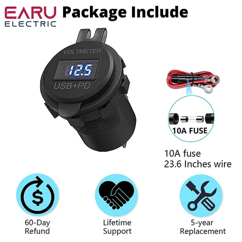 Imagen 2 del producto Cargador USB PD QC 3,0 de 60W, interruptor de voltímetro Digital, adaptador de toma de corriente, accesorios impermeables para coche, camión y motocicleta de 12V y 24V