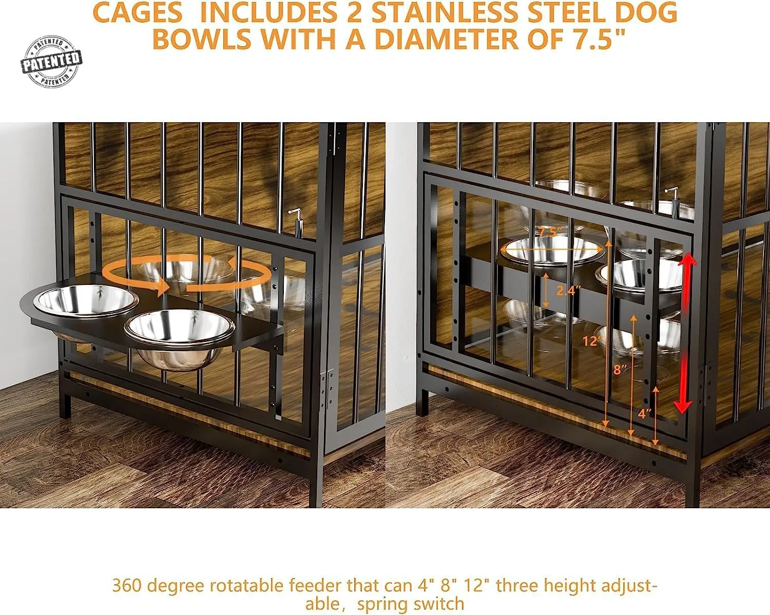 Furniture Style Large Dog Crate with 360° & Adjustable Raised Feeder for Dogs 2 Stainless Steel Bowls -End Table House Pad