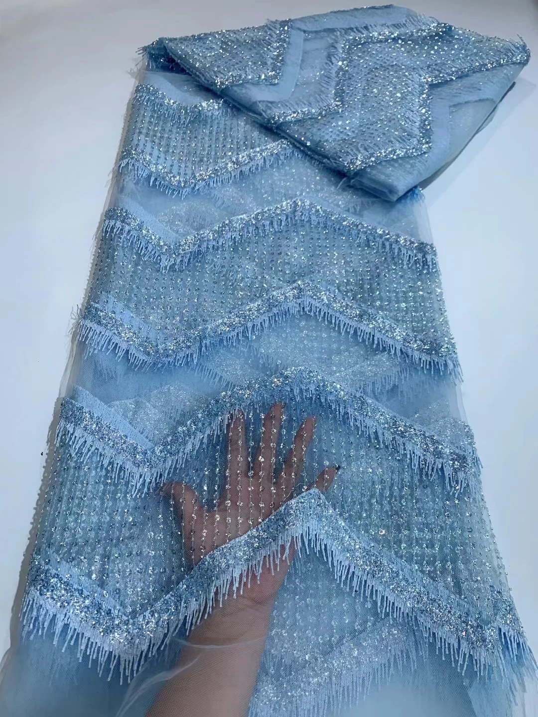 

2024 Latest French 3D Beaded Tulle Lace Fabric High Quality African Net Lace Fabrics with Sequins for Evening Dresses CFS5831