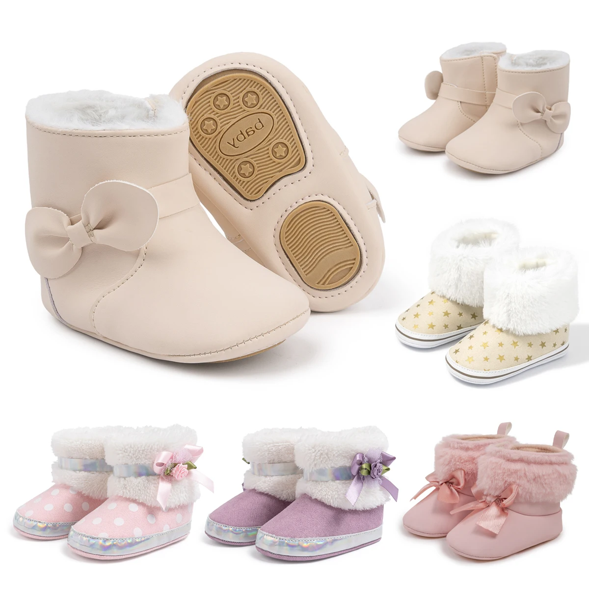 Exquisite Baby Girls PU Leather Booties Pretty Lace Bowknot Flowers Star Soft Anti-slip Sole Winter Warm Toddler First Walkers