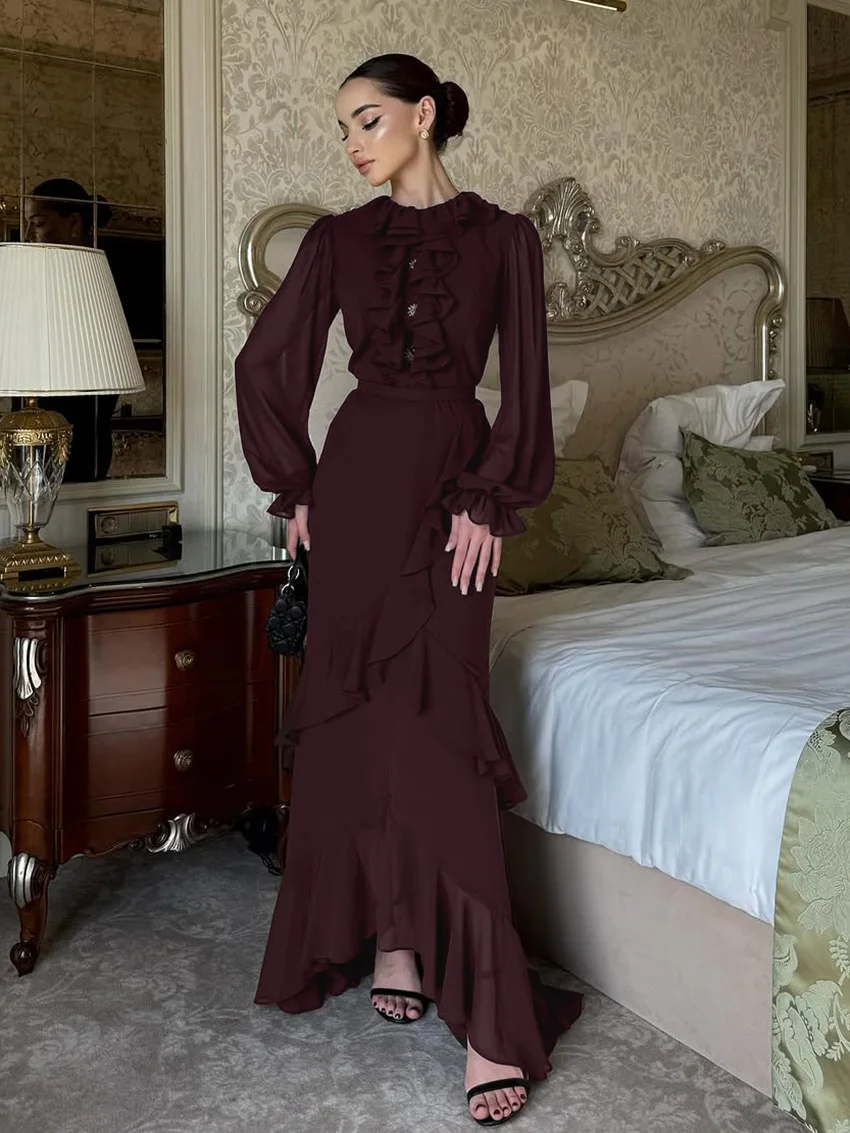 

Marthaqiqi Fashion Female Sleepwear O-Neck Nightgowns Long Sleeve Nightwear Ankle-Length Dress Winter Women Pajamas Comfort Slim