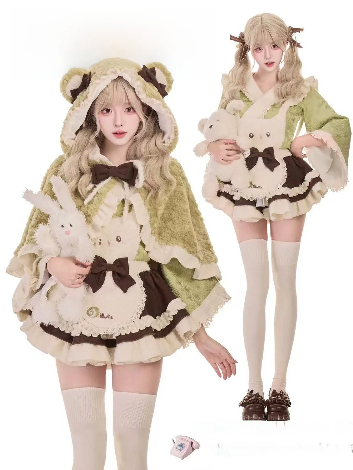 

Cute Winter New Arrival Girl's Lolita Knot Plush Cloak Lace Top Skirt Three Piece Set Women's Fashion Ensemble