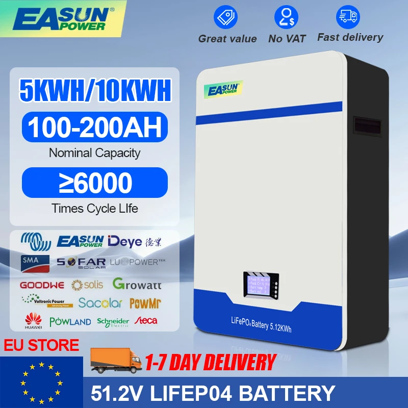 Easun Battery Lifepo4 51.2V 48V 100AH Lithium Power Storage 5KWH Powerwall CAN/RS485 For Home Solar System BMS Lithium Battery