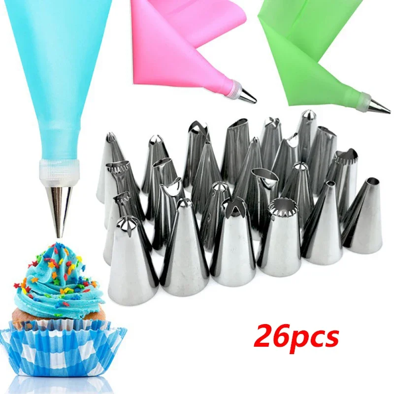 8/26 unids/set bolsa de masa de silicona accesorios de cocina DIY glaseado crema bolsa de pastelería con 6 juegos de boquillas herramientas de decoración de pasteles