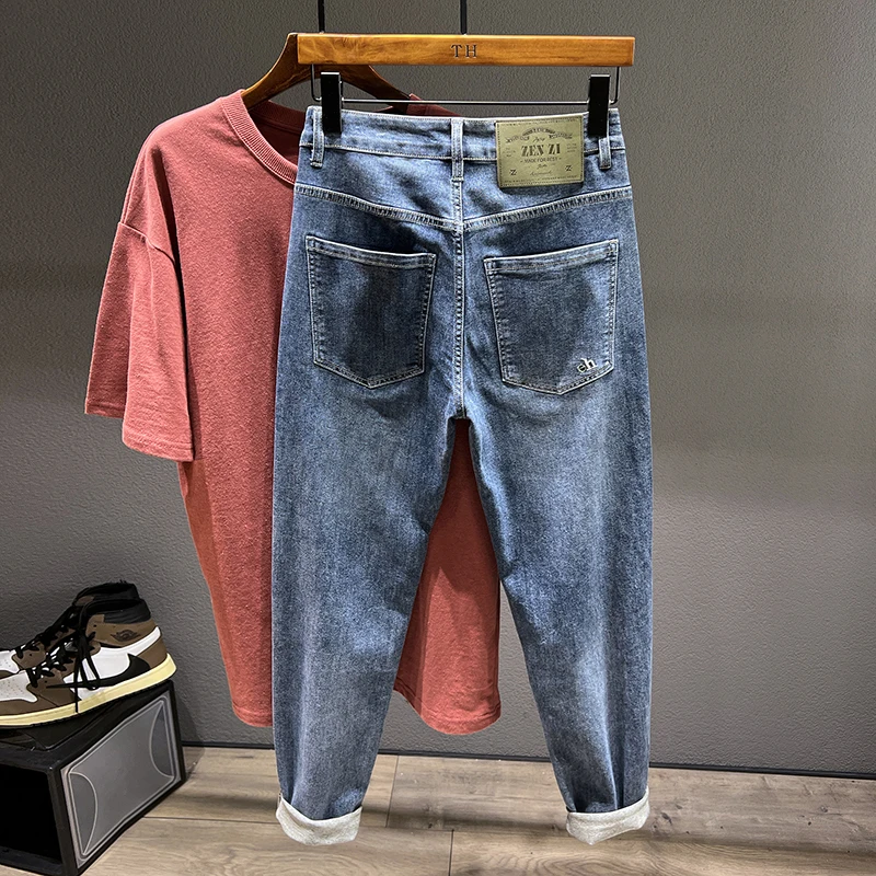 Men's Loose Harem Jeans Classic Blue Fashion Elastic Tapered Small Feet Denim Pants Streetwear Youth Ankle Length Trousers
