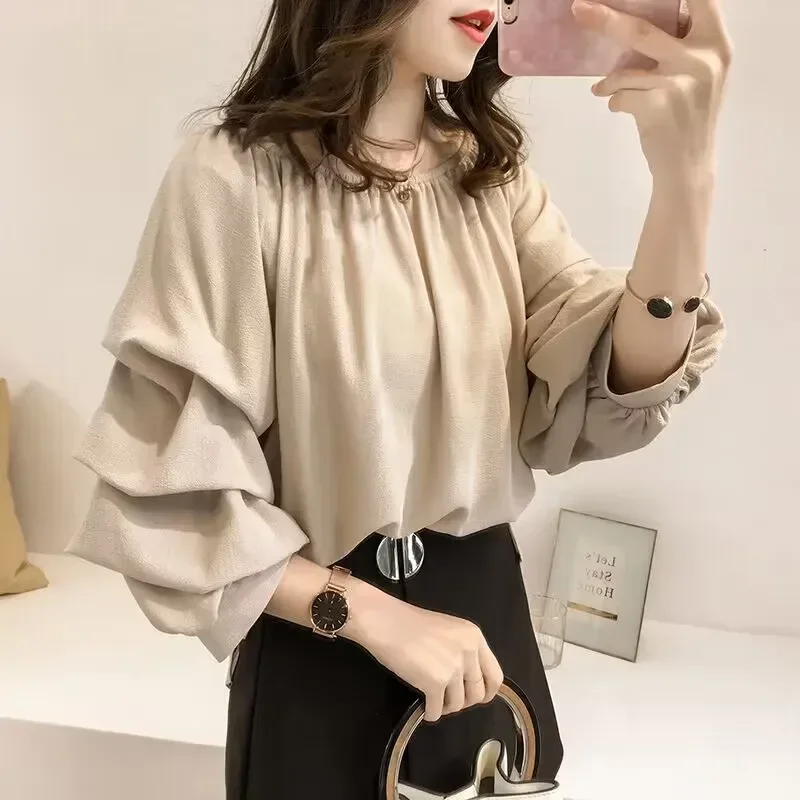 New Elegant Korean-Style Chiffon Off-The-Shoulder Top Women's Loose-Fit Bubble Top Slimming Solid Color Base Layer Top
