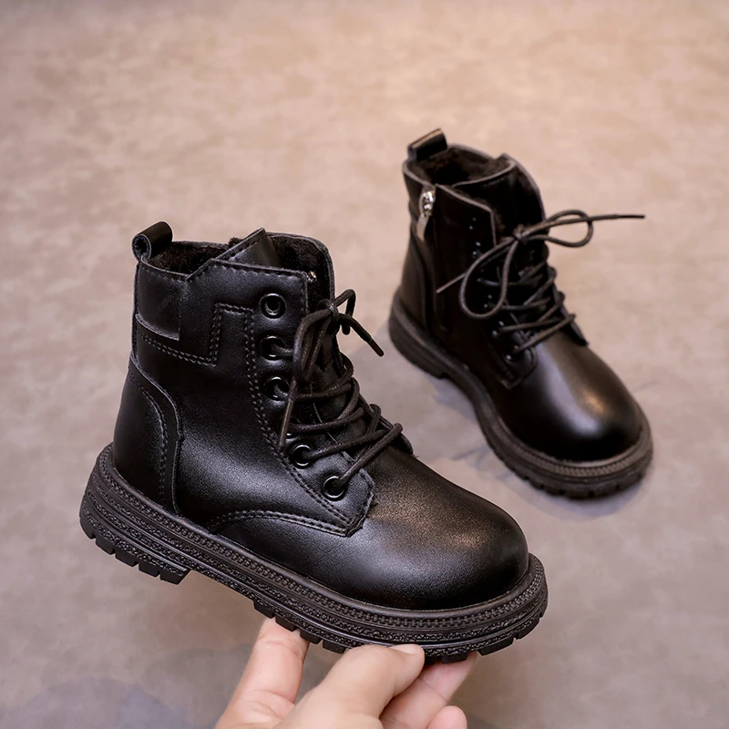 

Winter Children Fashion Boots Warm Cotton Snow Shoes Kids Casual Sneaker Leather Black Plush Ankle Boot for Boy botas para niñas