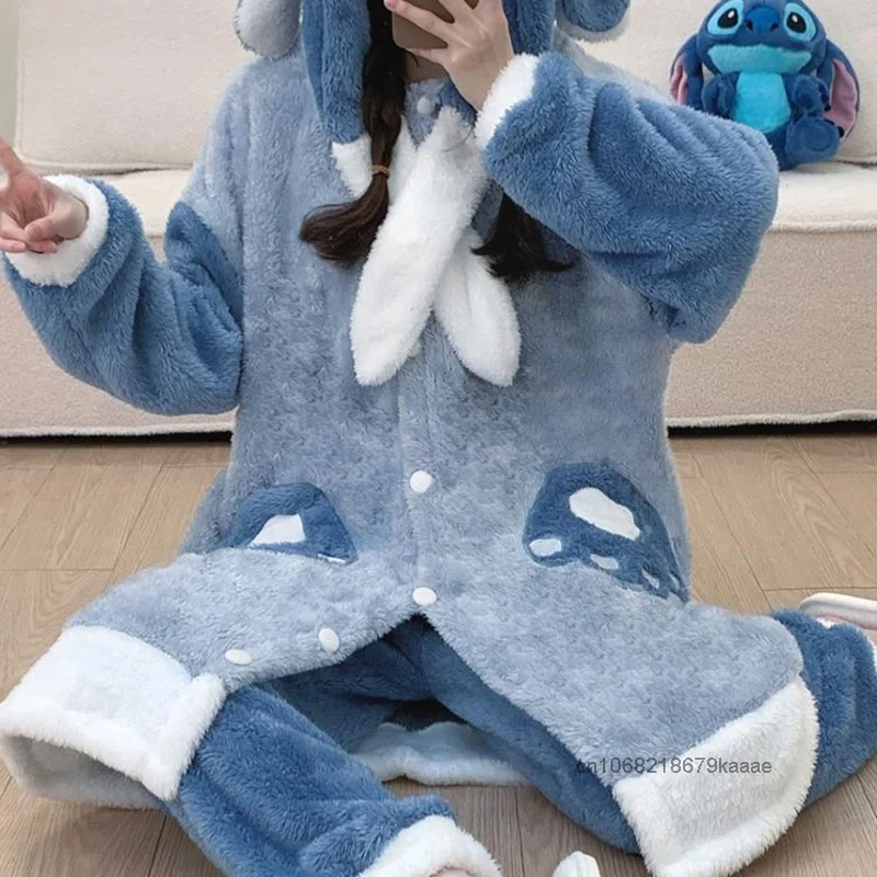 Disney Stitch Cute Cartoon Soft Fluffy Home Wear Female Autumn Winter New Dormitory Pajamas Y2k Sweet Girl Casual Nightrobe Set