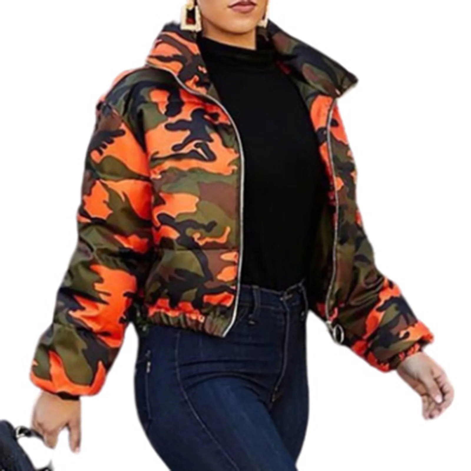 Camouflage Print Women\'s Cropped Down Coats 2024 Winter Warm Long Sleeve Zipper Stand Collar Cotton Clothes Lightweight Parkas